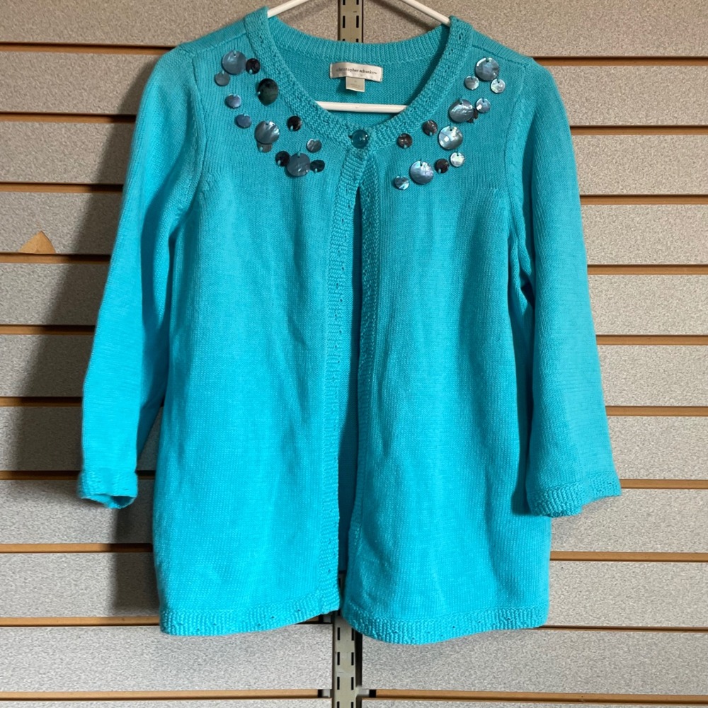 Christopher & Banks‎ Turquoise Blue Embellished 3/4 Sleeve Cardigan Sweater Sz M